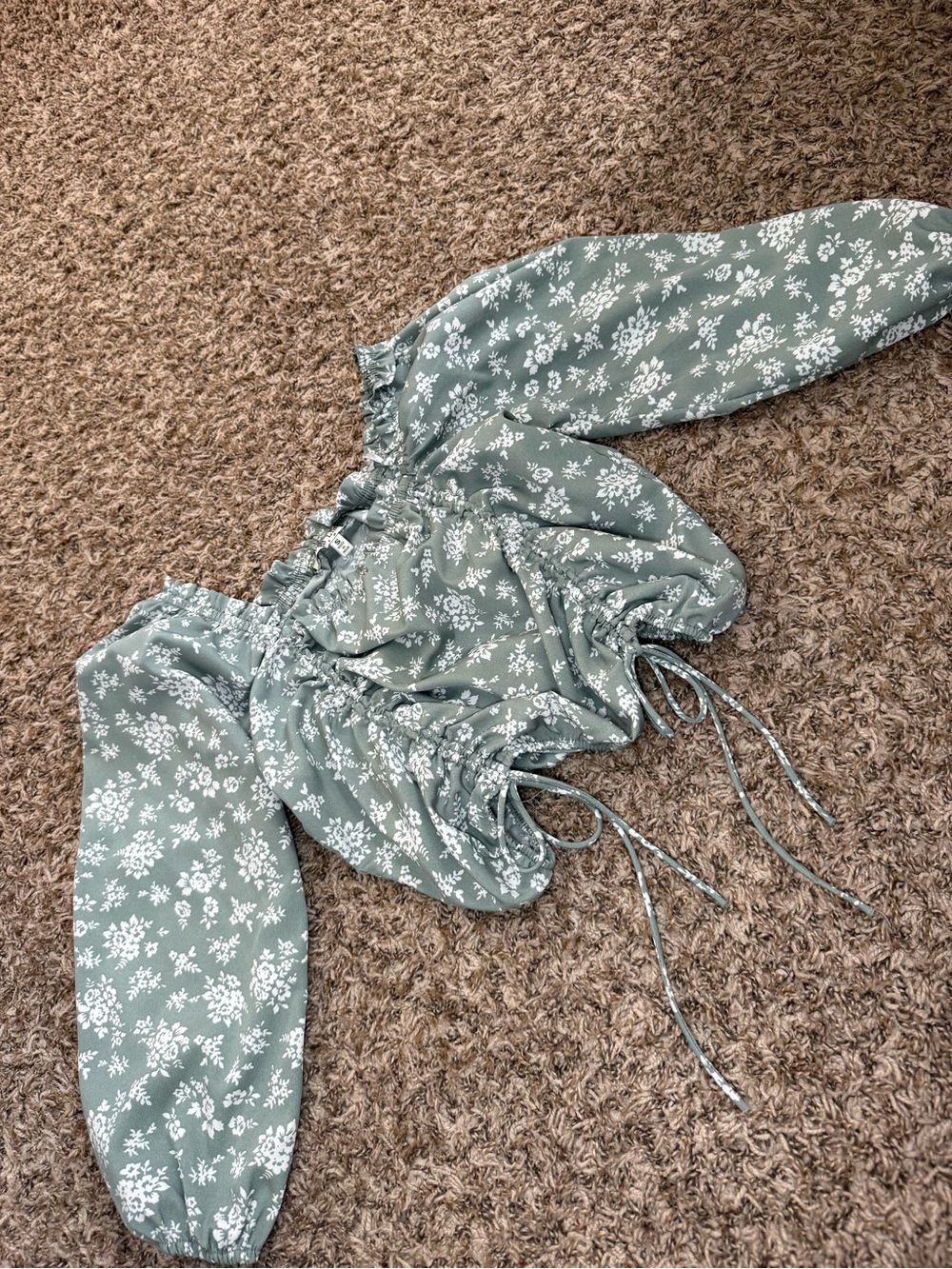 Sage Green Floral Rutched Drawstring Crop Top
